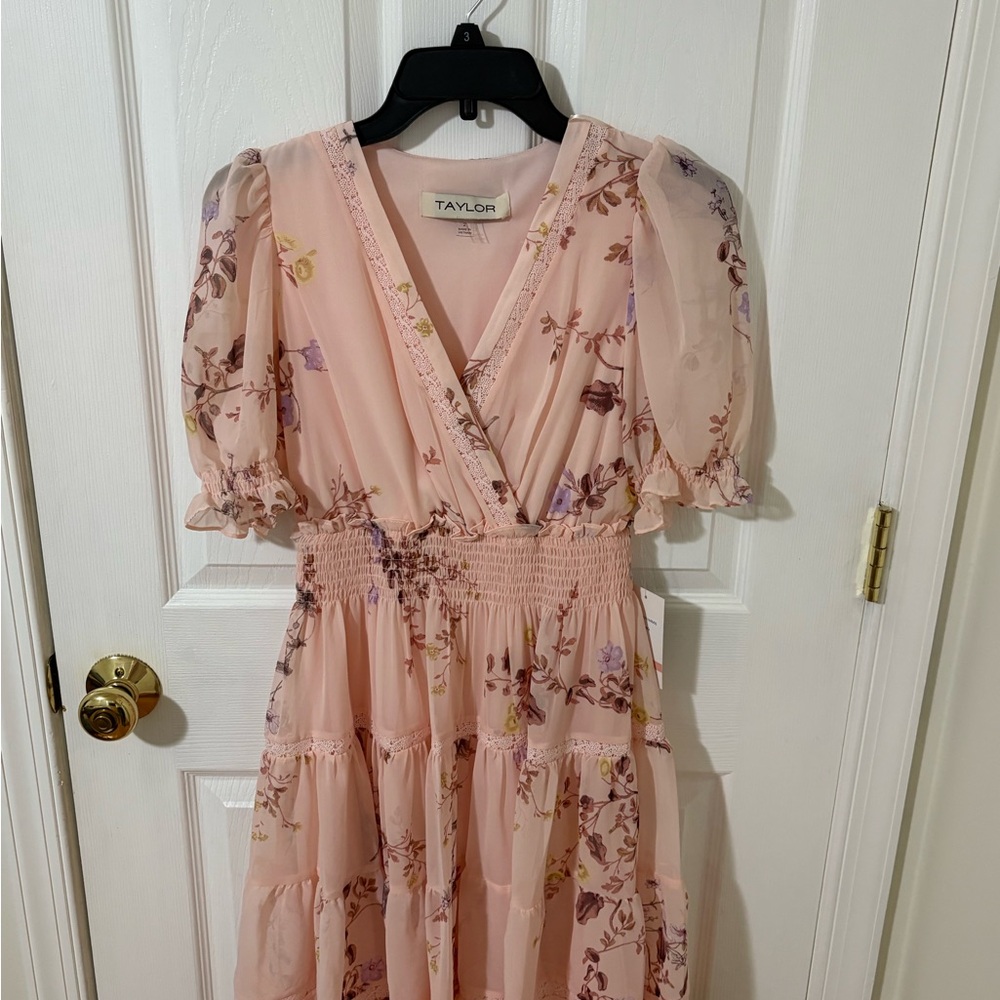 Taylor Pink and Orange Smocked Wrap Midi Dress